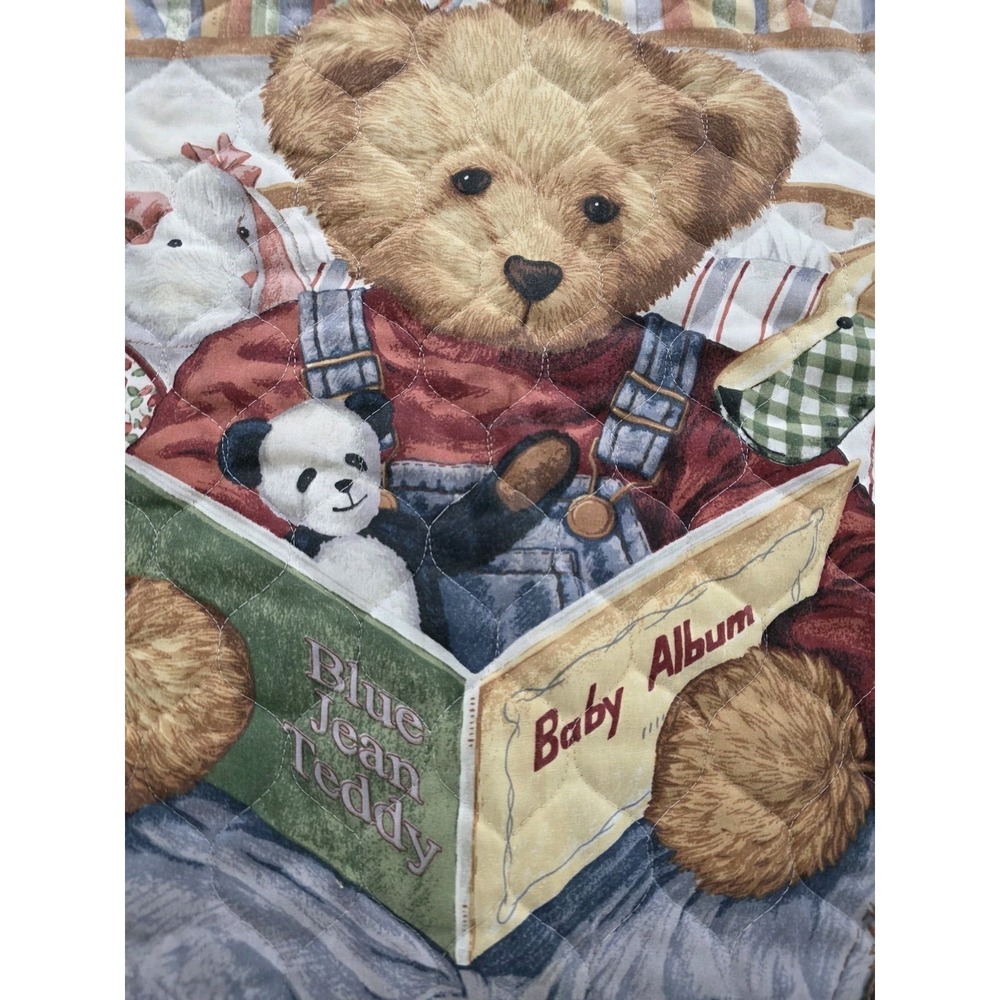VTG Blue Jean Teddy Bear Toys Comforter / Quilted Baby Blanket Wall Hanging